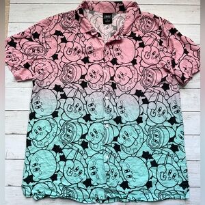 Kirby Nintendo Men’s Button Up Shirt XL Pink Teal Graphic Short Sleeve